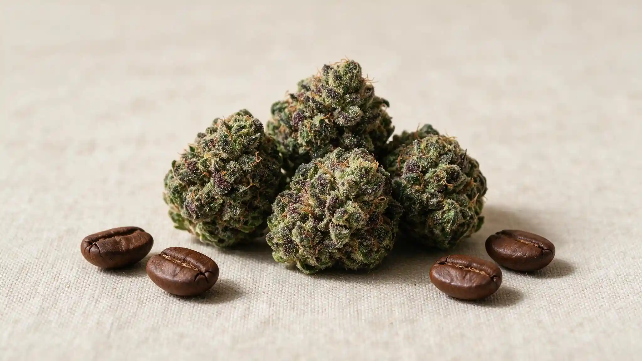 bubba kush buds with a few coffee beans nearby to suggest its earthy roasted aroma