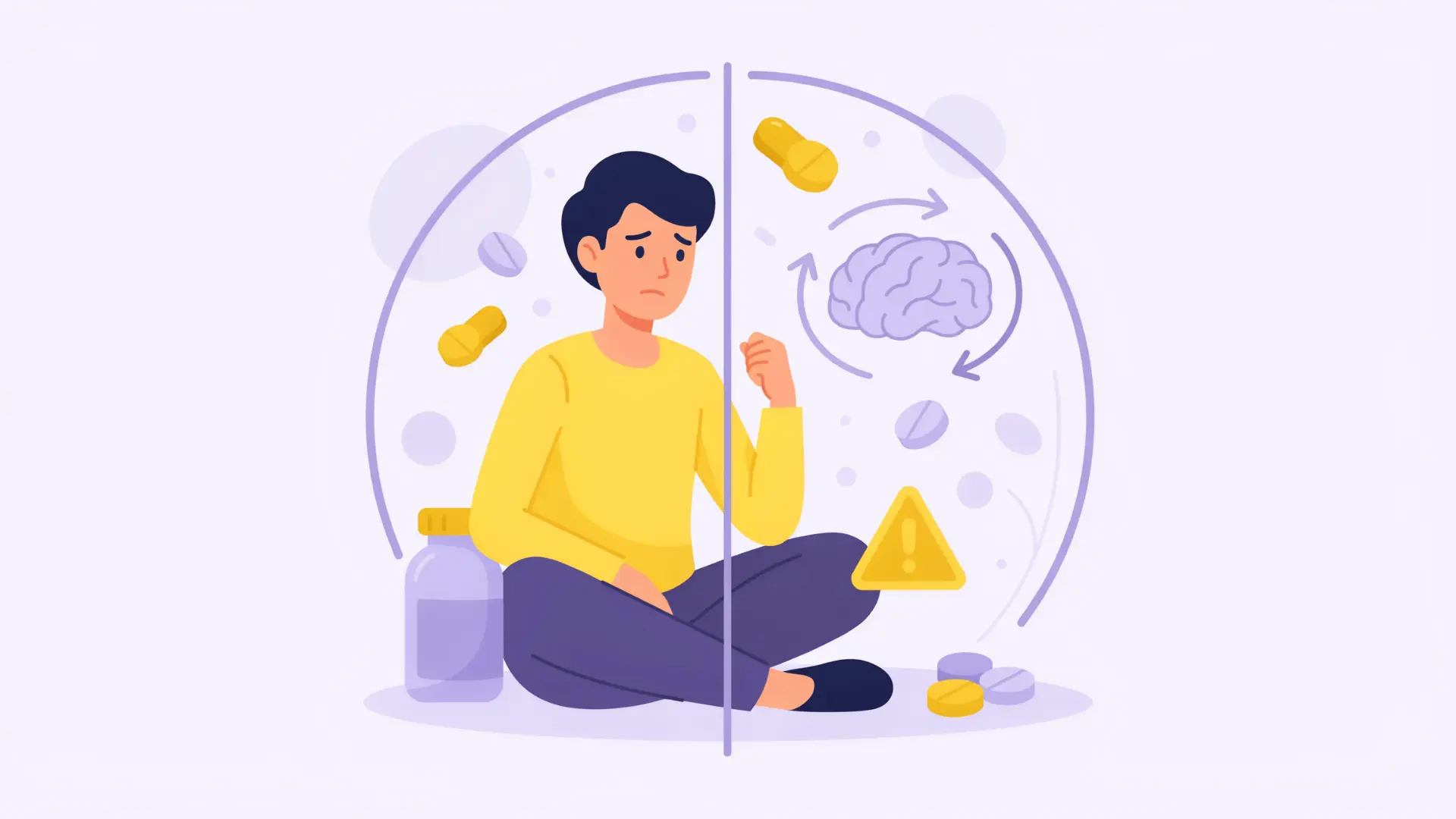 vector of a worried person with pills brain and caution icons about dependence risk