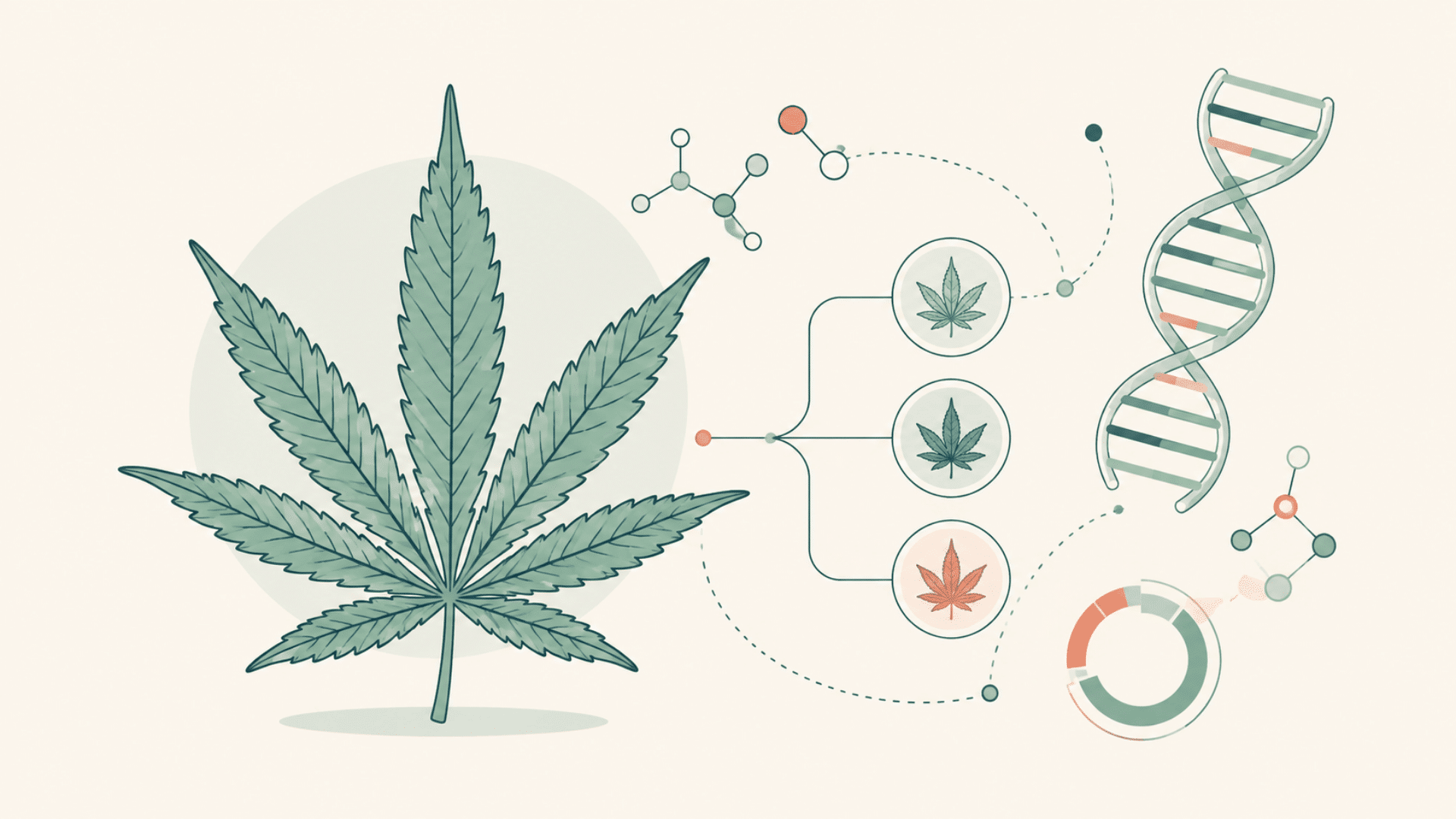 cannabis leaf beside dna and genetics symbols in a clean botanical illustration