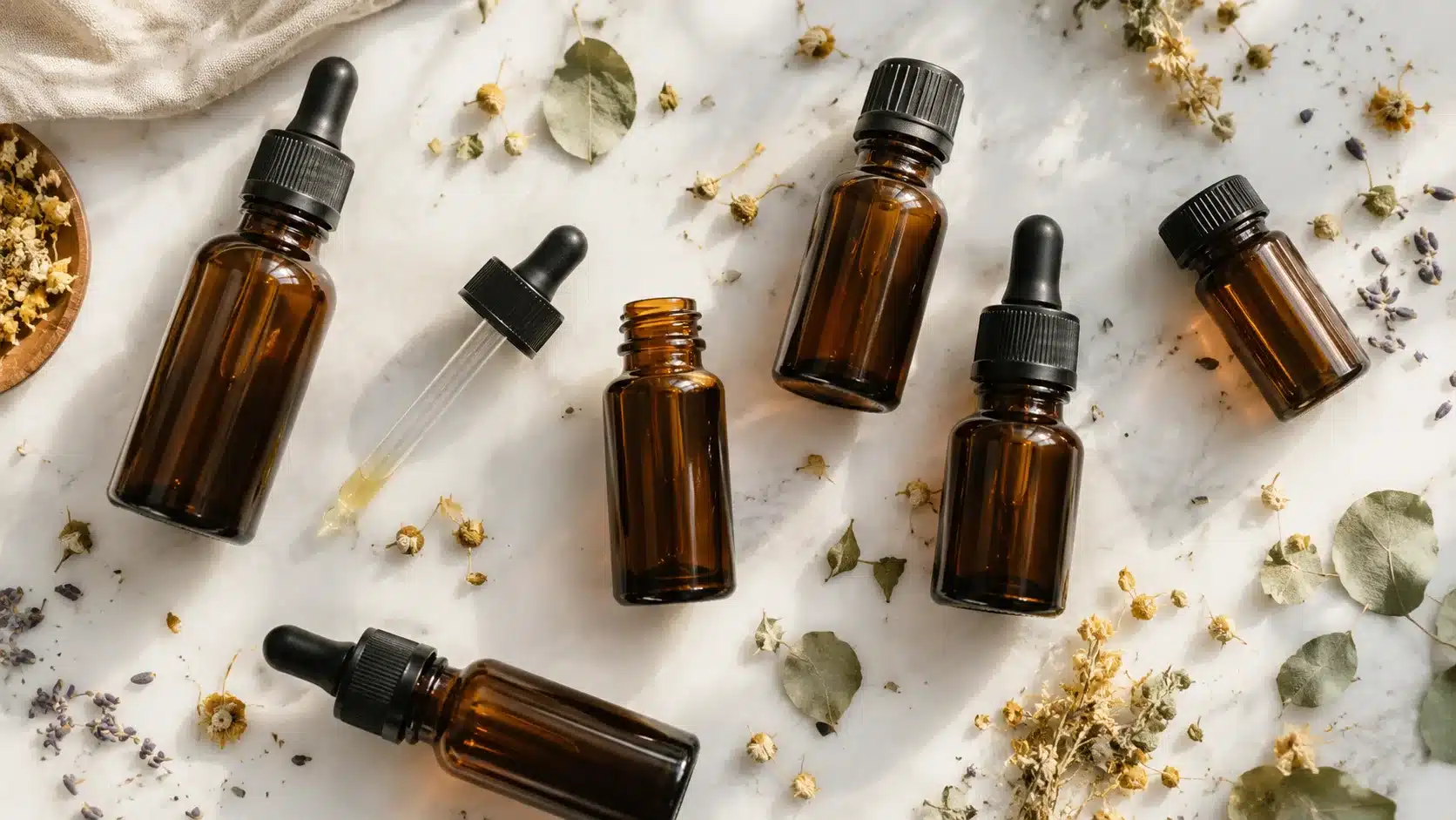 cbd oil bottles flat lay