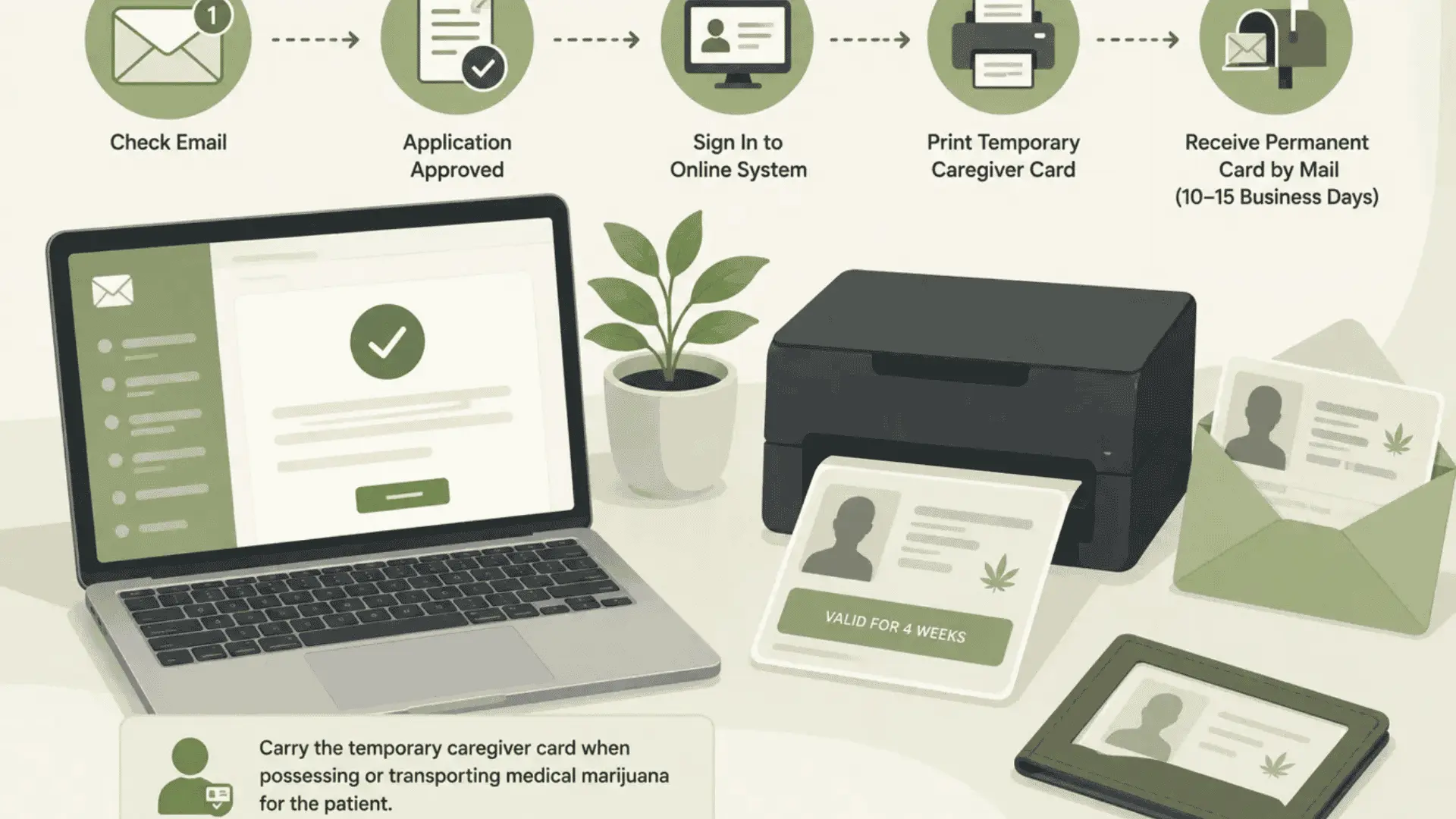 checking approval email and printing a temporary caregiver card while waiting for the permanent card by mail