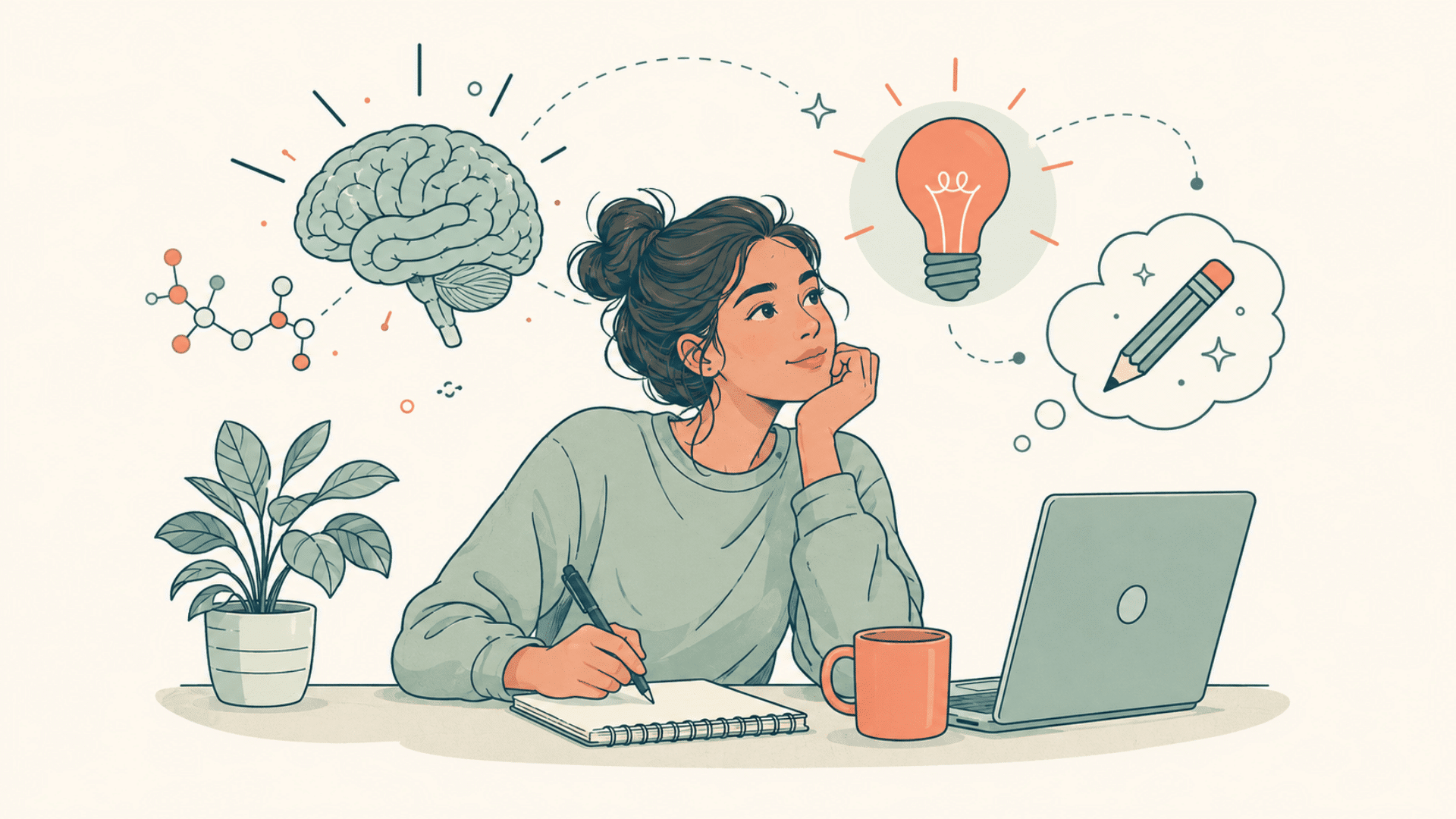 animated woman writing beside a laptop with brain light bulb and creativity symbols around her