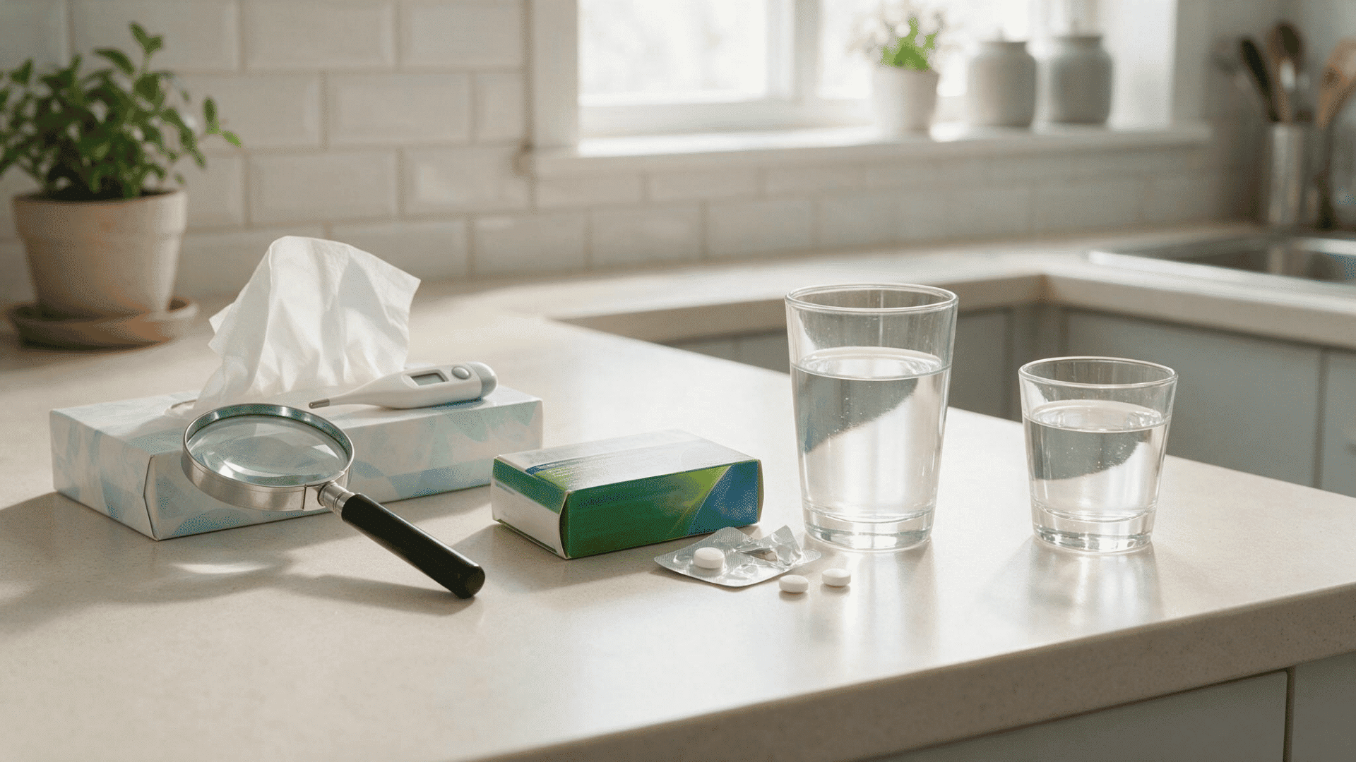 cold medicine and alcohol kept apart on a kitchen counter beside water tissues and a thermometer