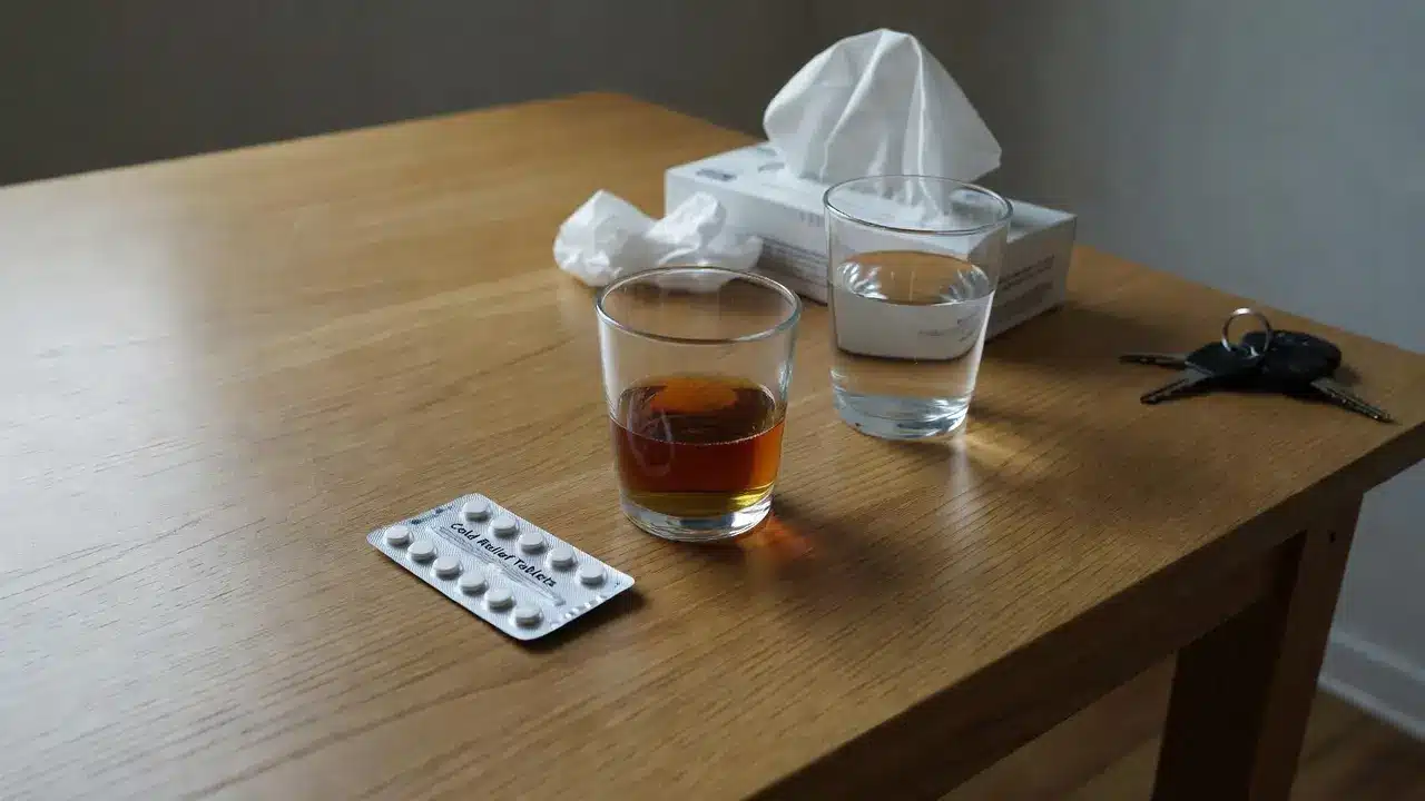 cold medicine tablets near an alcoholic drink with car keys moved safely out of reach