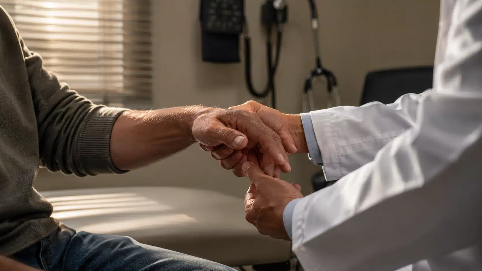doctor checking a patient hand tremor to assess acute and withdrawal effects of etoh