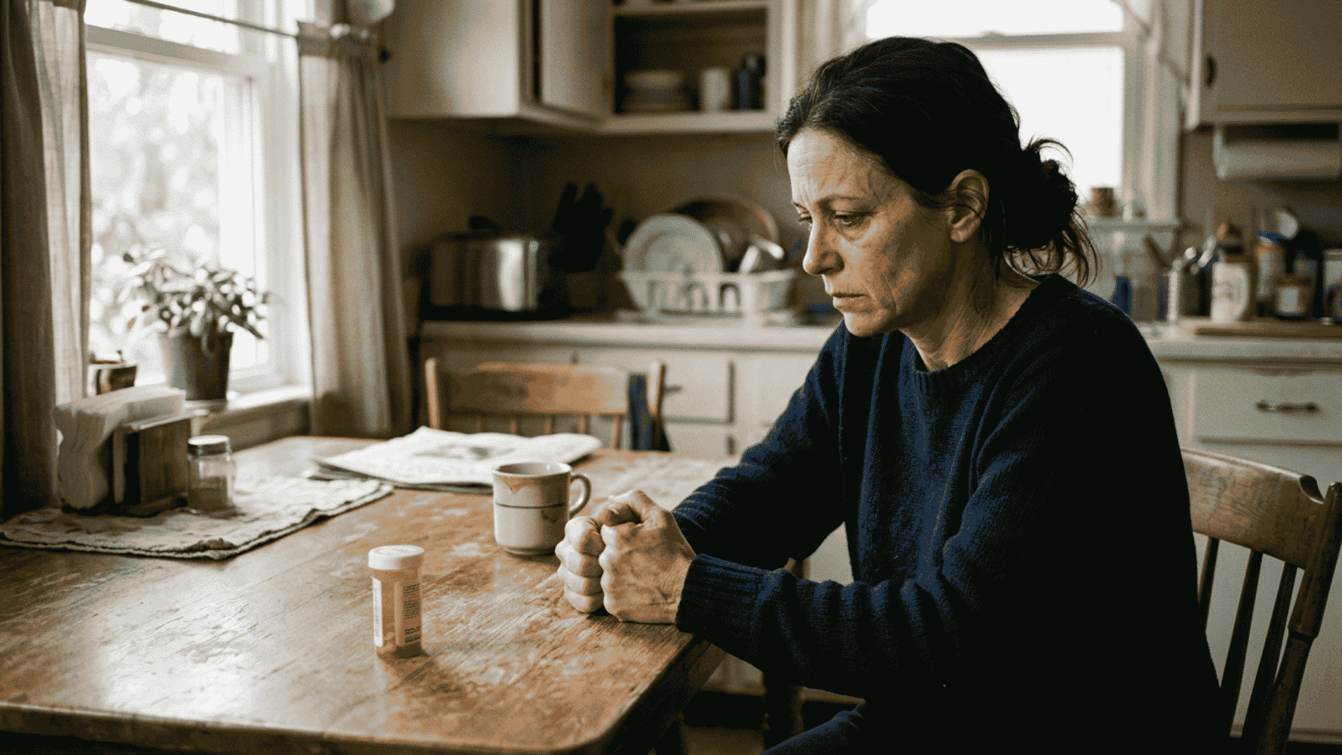 person looking at pills and a phone while familiar surroundings trigger cravings