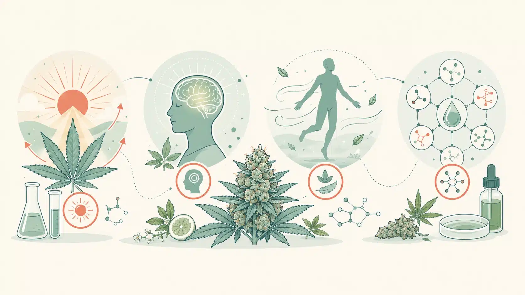 illustrated ocimene terpene effects scene showing mental clarity light physical effects energy and compound interaction around cannabis