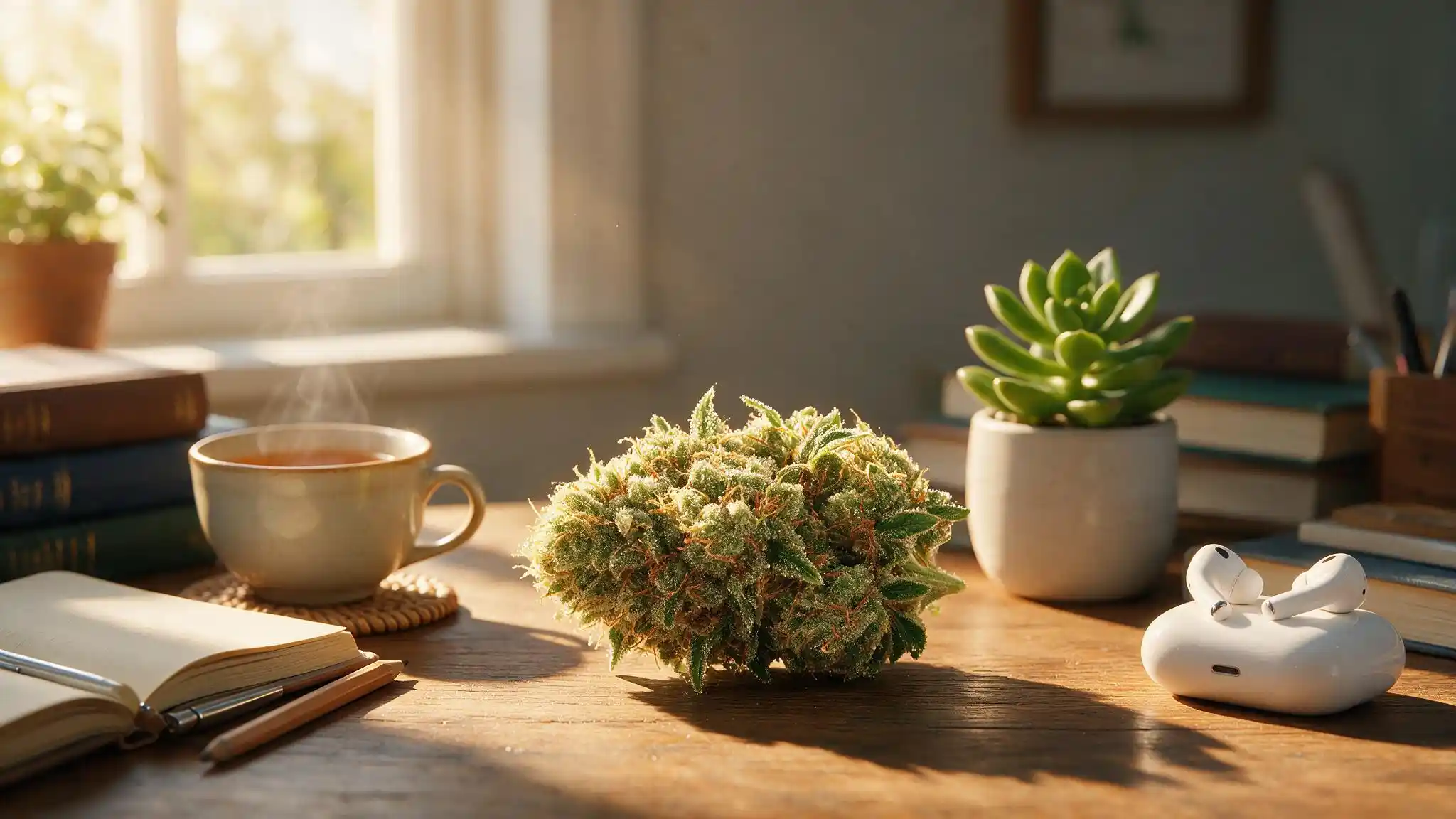 acapulco gold flower with creative items and calm lighting representing energetic focused and relaxing effects