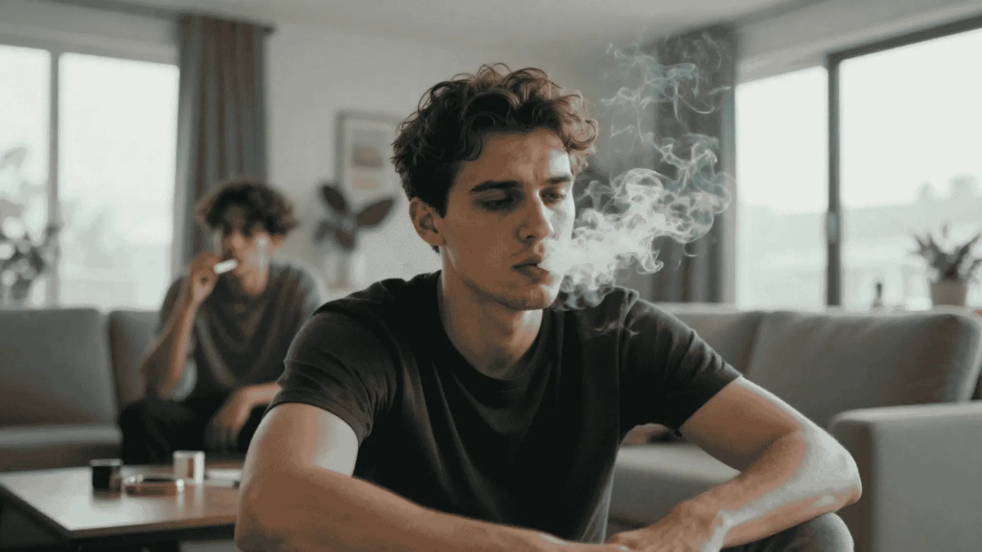 two people smoking cannabis indoors as smoke gathers in a poorly ventilated living room