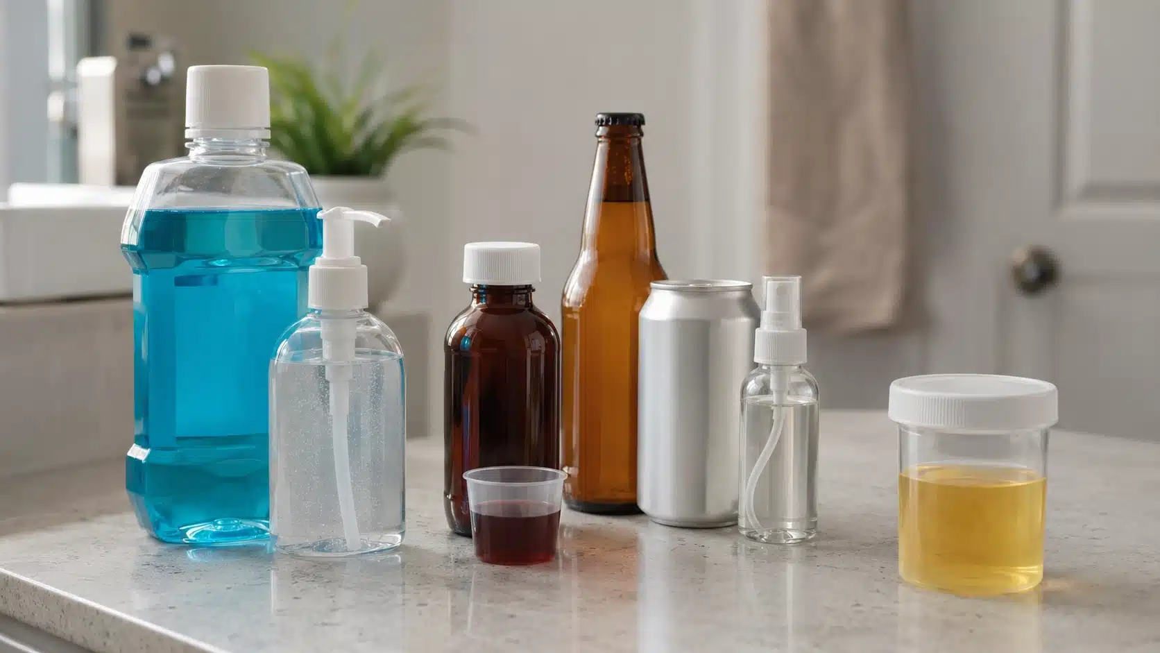 everyday alcohol containing products beside urine sample cup showing possible incidental exposure in bathroom counter