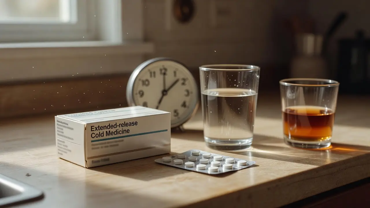 Alt Text: extended release cold medicine beside a clock water and an untouched drink on a counter