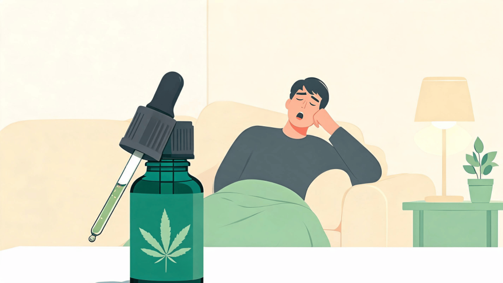 cbd oil bottle with a tired person in a calm home setting