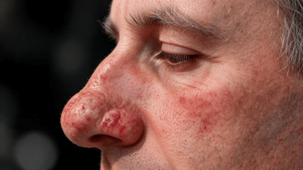 close up of an adult face focusing tightly on the nose with rhynophyma