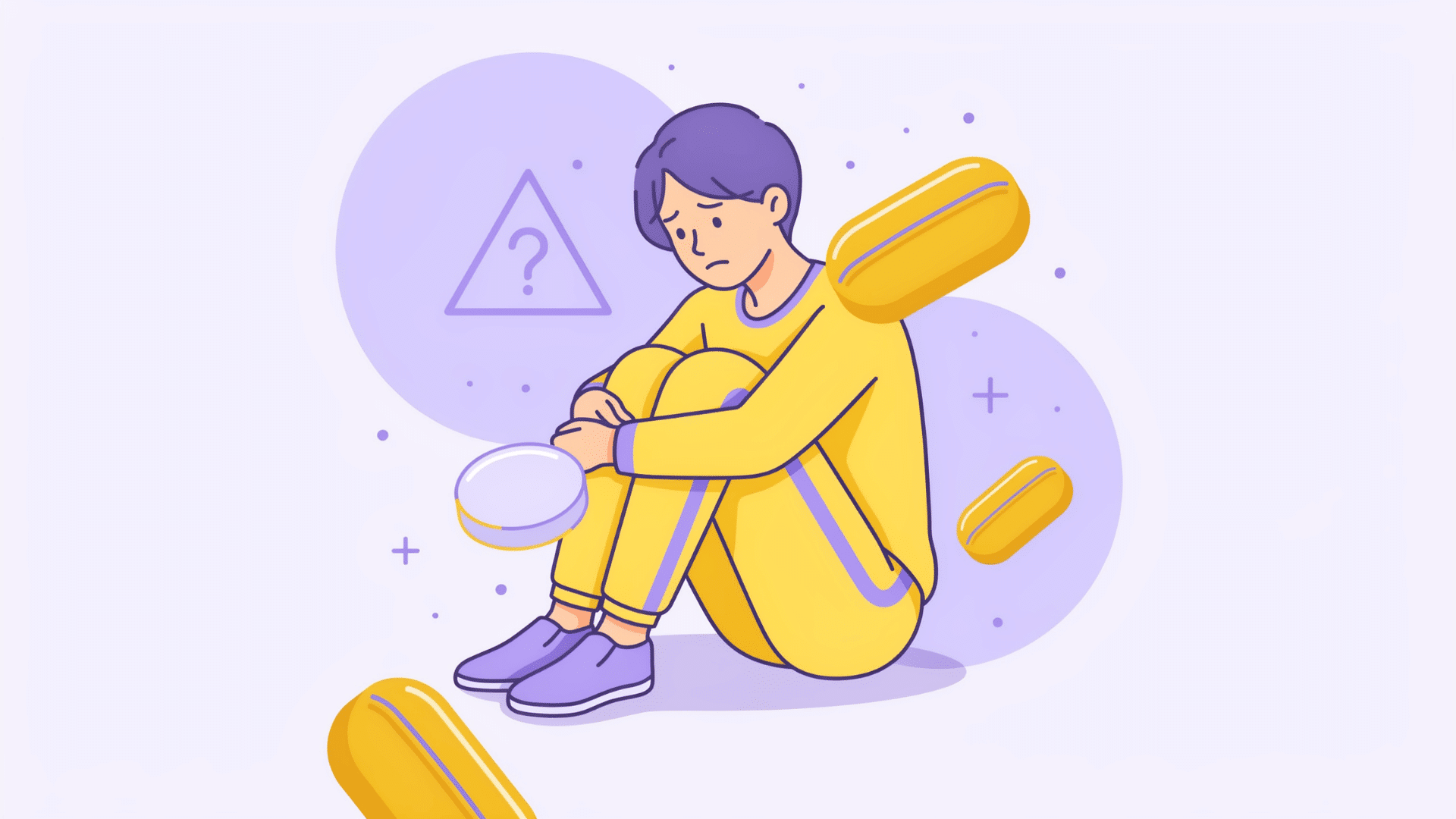 worried person sitting among large pills with caution symbols on a soft purple background