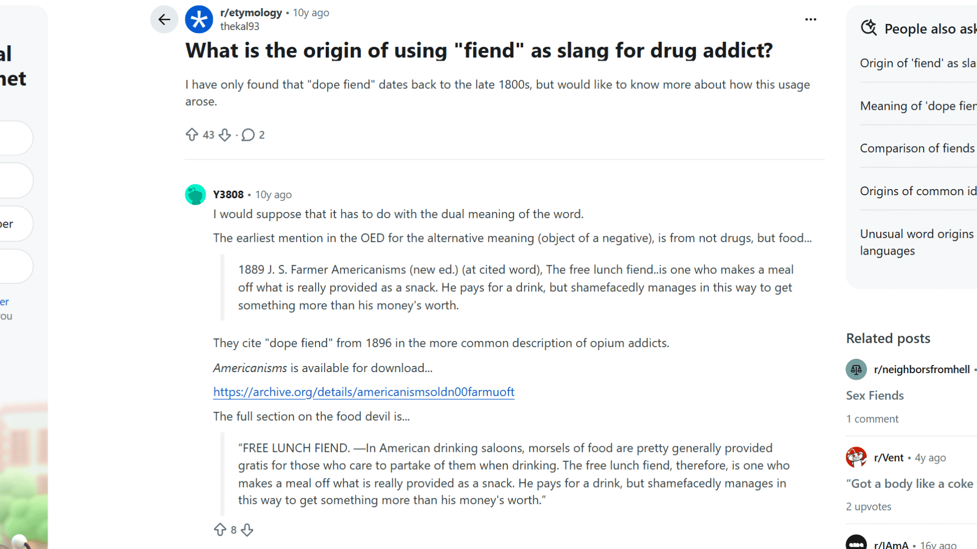 reddit commenter explaining the origin and difference between fien and fiend