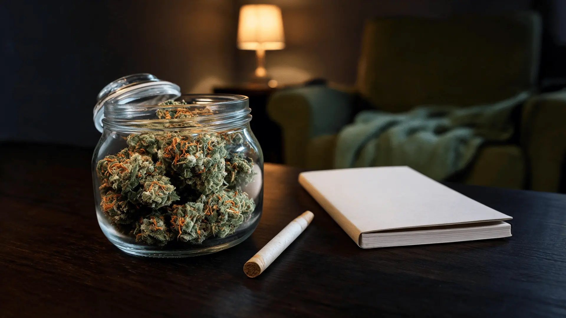 baby yoda strain buds on a table in a calm evening setting