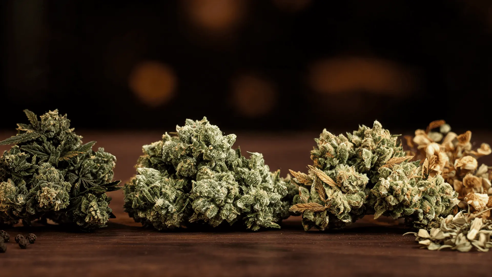several cannabis buds arranged on a wooden table beside dried herbs against a dark softly blurred background