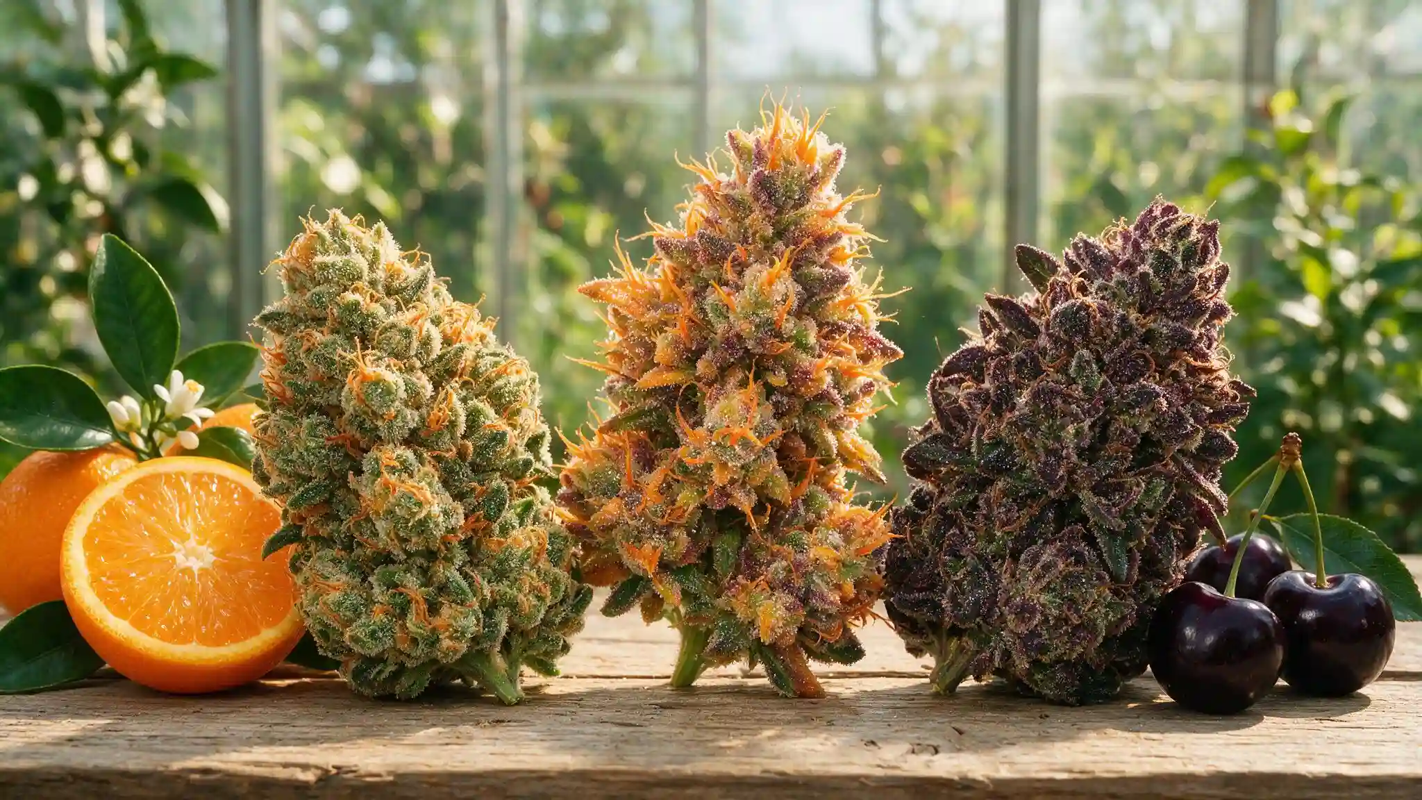 tropicana cherry hybrid cannabis buds showing citrus and cherry genetics with purple hues and dense trichomes