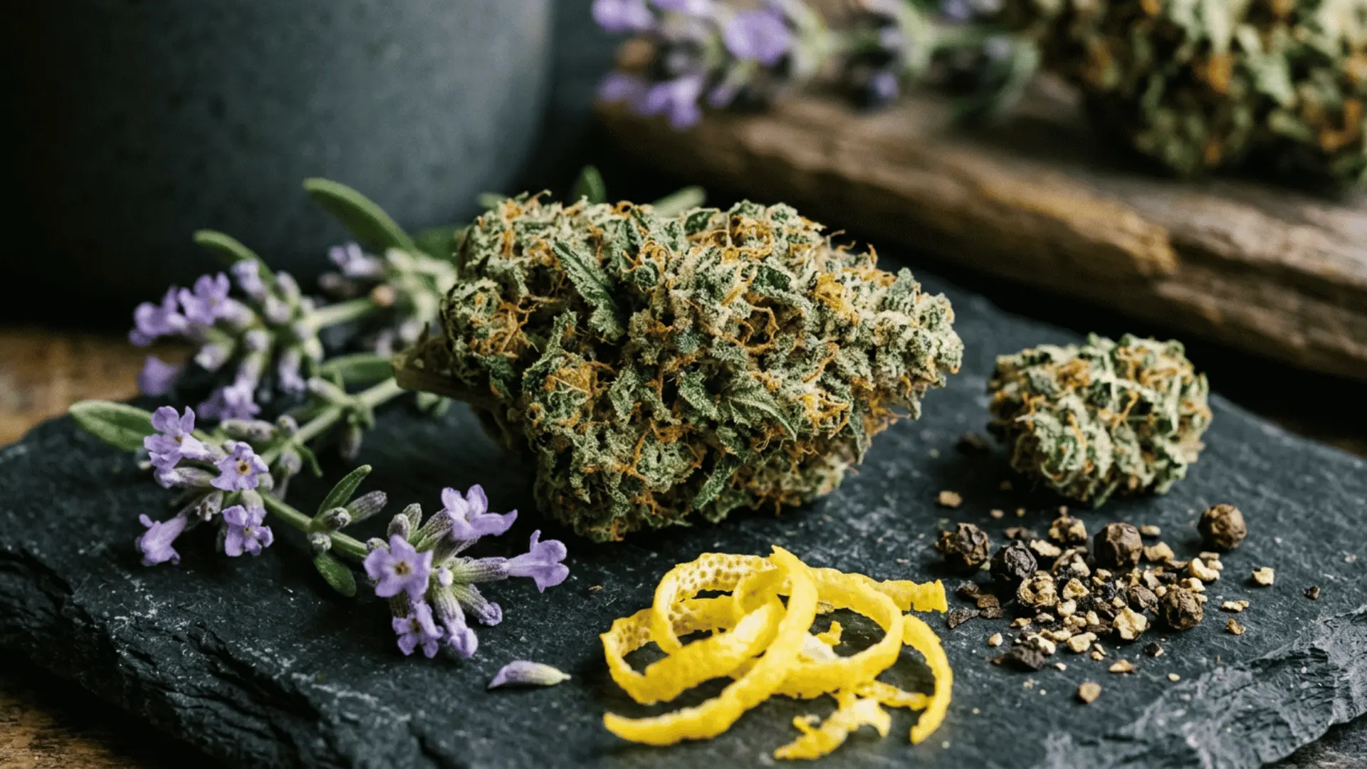 guava cannabis bud with lemon peel pepper and lavender flowers