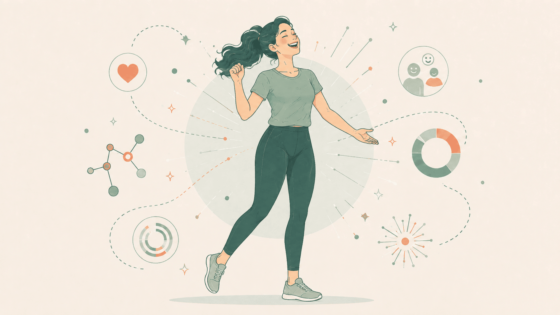 animated woman smiling in a cheerful pose with heart social and mood graphics around her