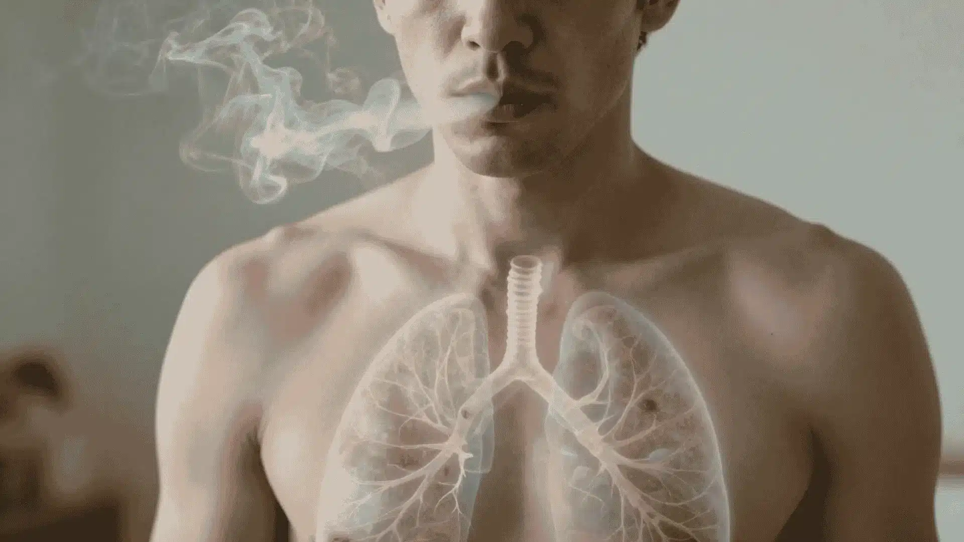 man exhaling smoke with a transparent lung illustration showing possible respiratory effects