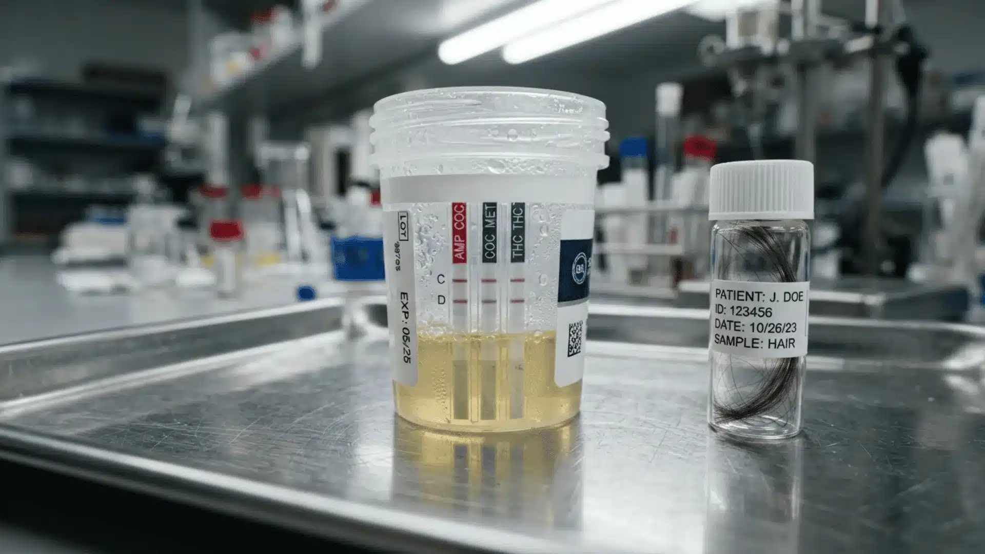 urine drug test cup with a color changing test strip beside a labeled hair sample vial