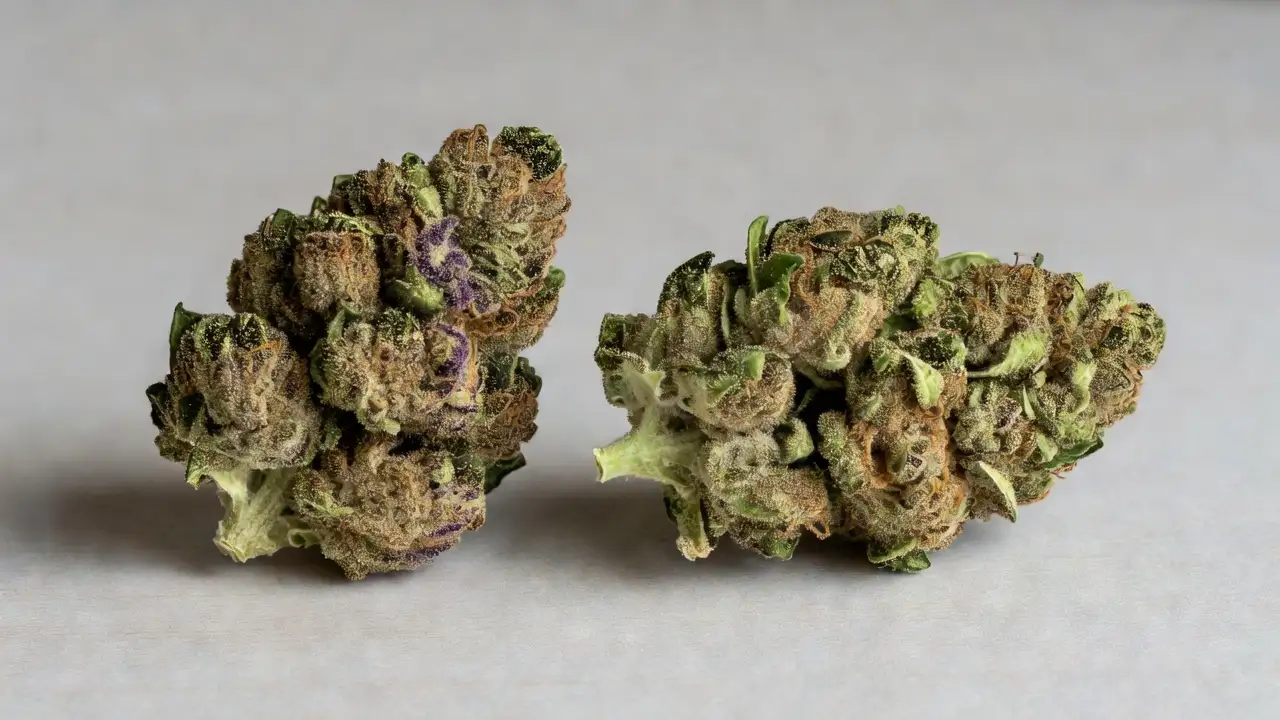 two bubba kush buds side by side showing natural variation in shape color and texture
