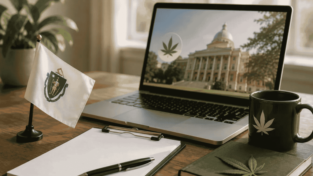 how to become a medical marijuana caregiver in massachusetts guide with state flag and cannabis commission building