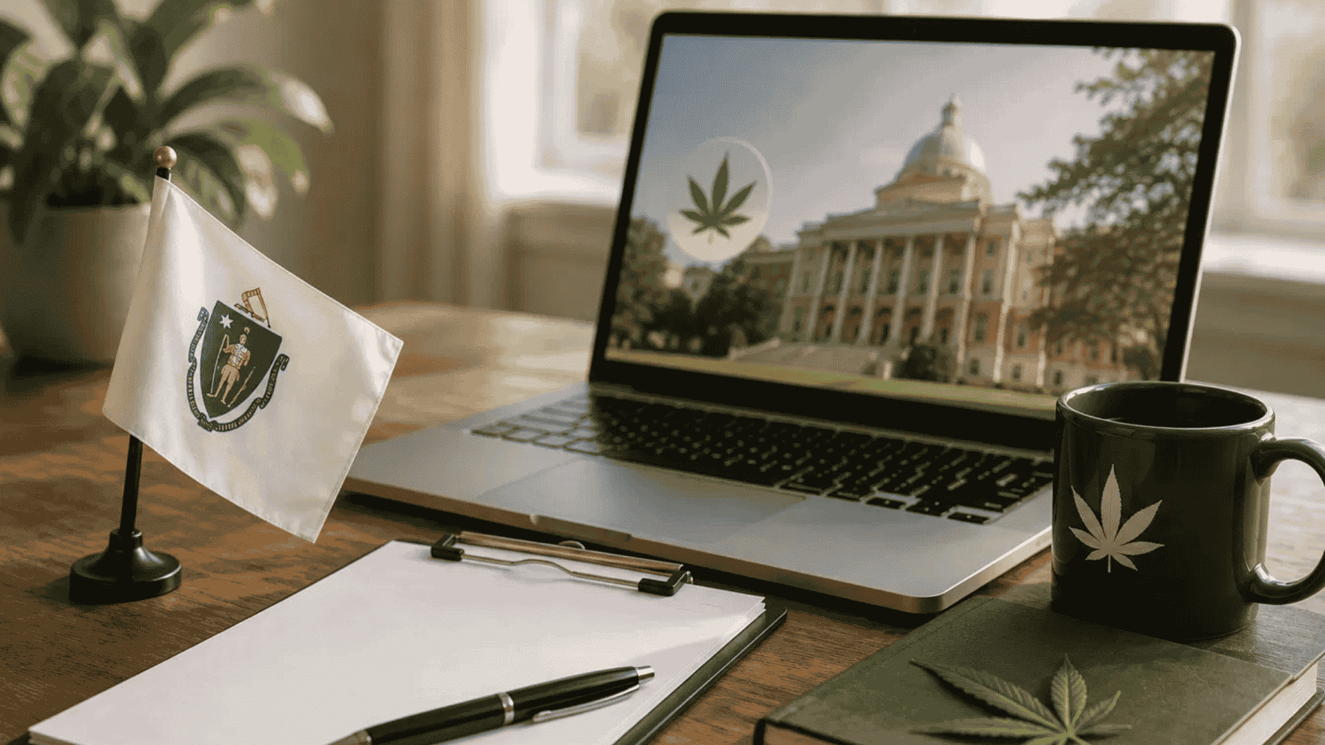 how to become a medical marijuana caregiver in massachusetts guide with state flag and cannabis commission building