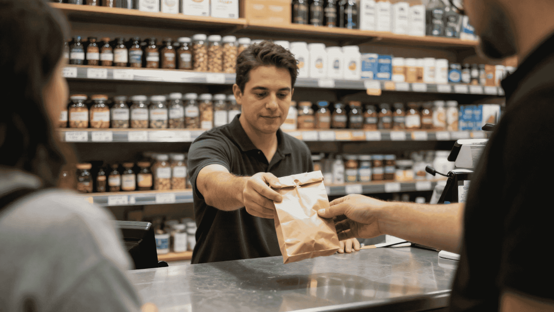 dispensary worker handing a packaged blockberry cannabis product to a customer across the store counter