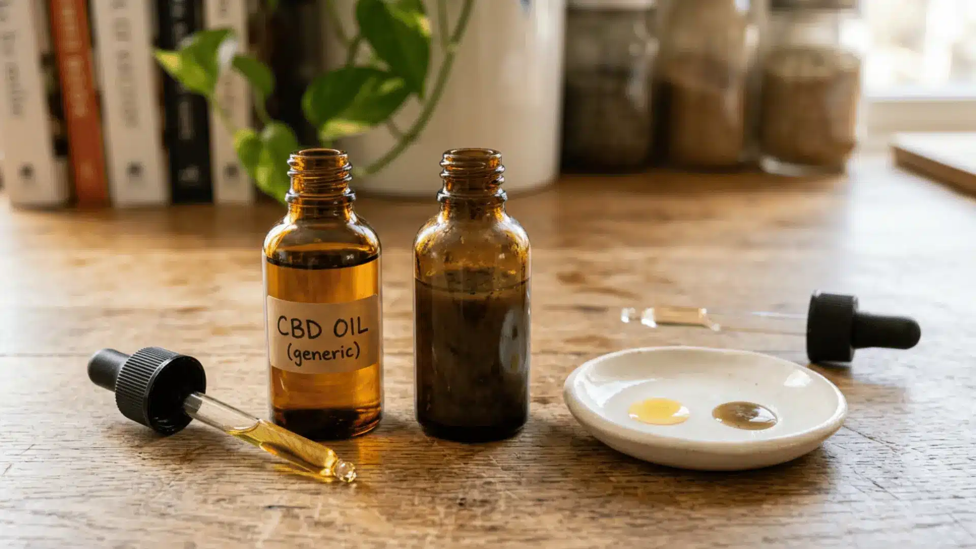 fresh and spoiled cbd oil bottles showing color and texture changes on a wooden surface