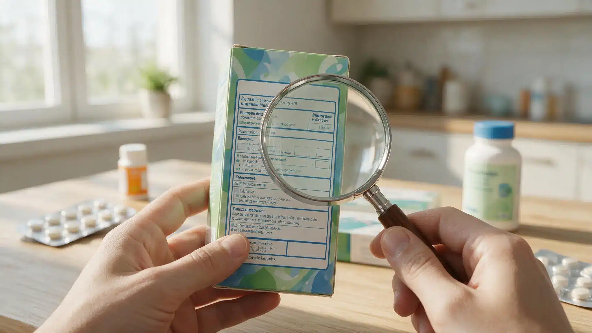 hands using a magnifying glass to inspect the drug facts panel on a cold medicine package