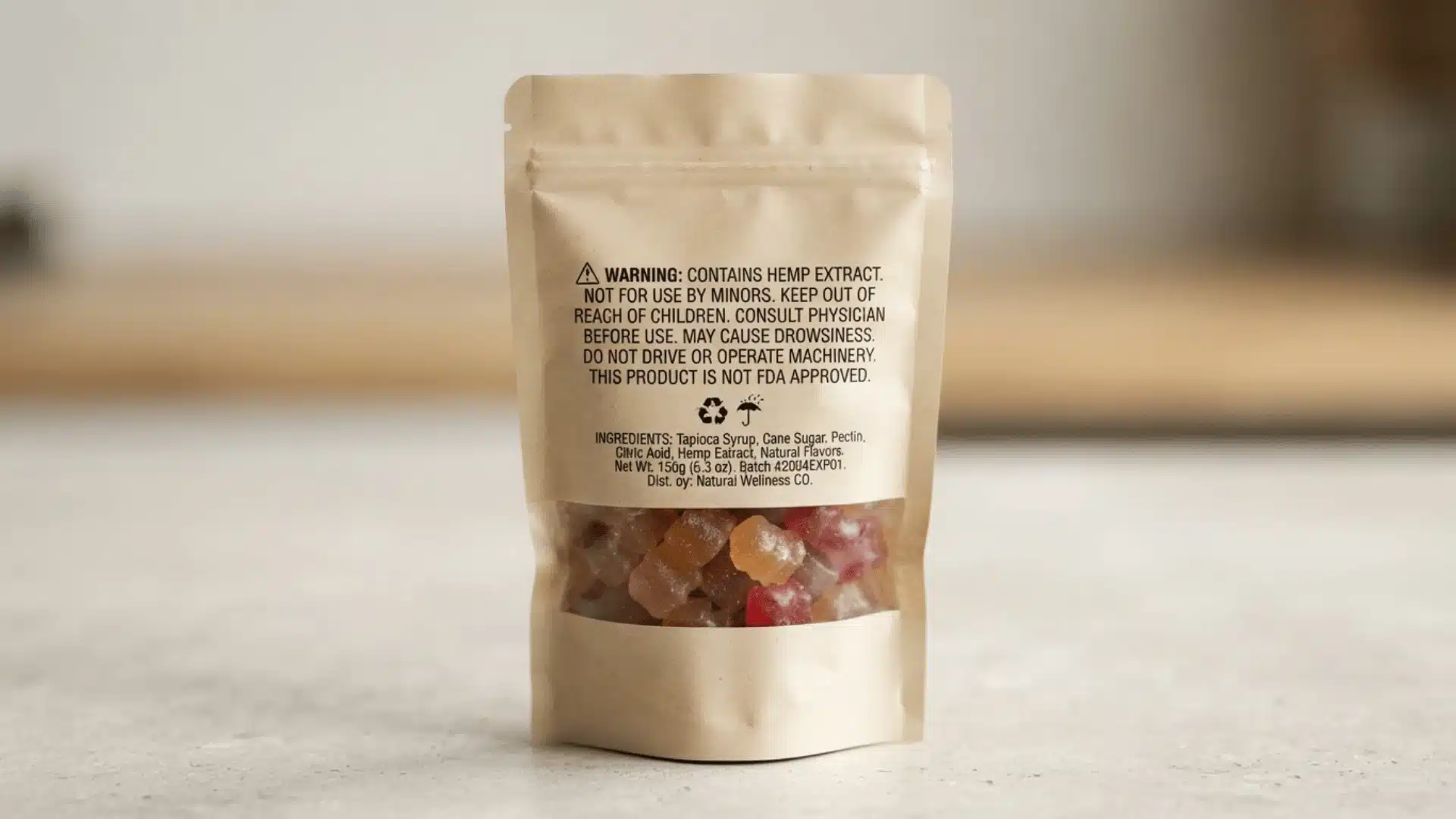 close up photo of a delta 8 product package showing a warning label about health risks