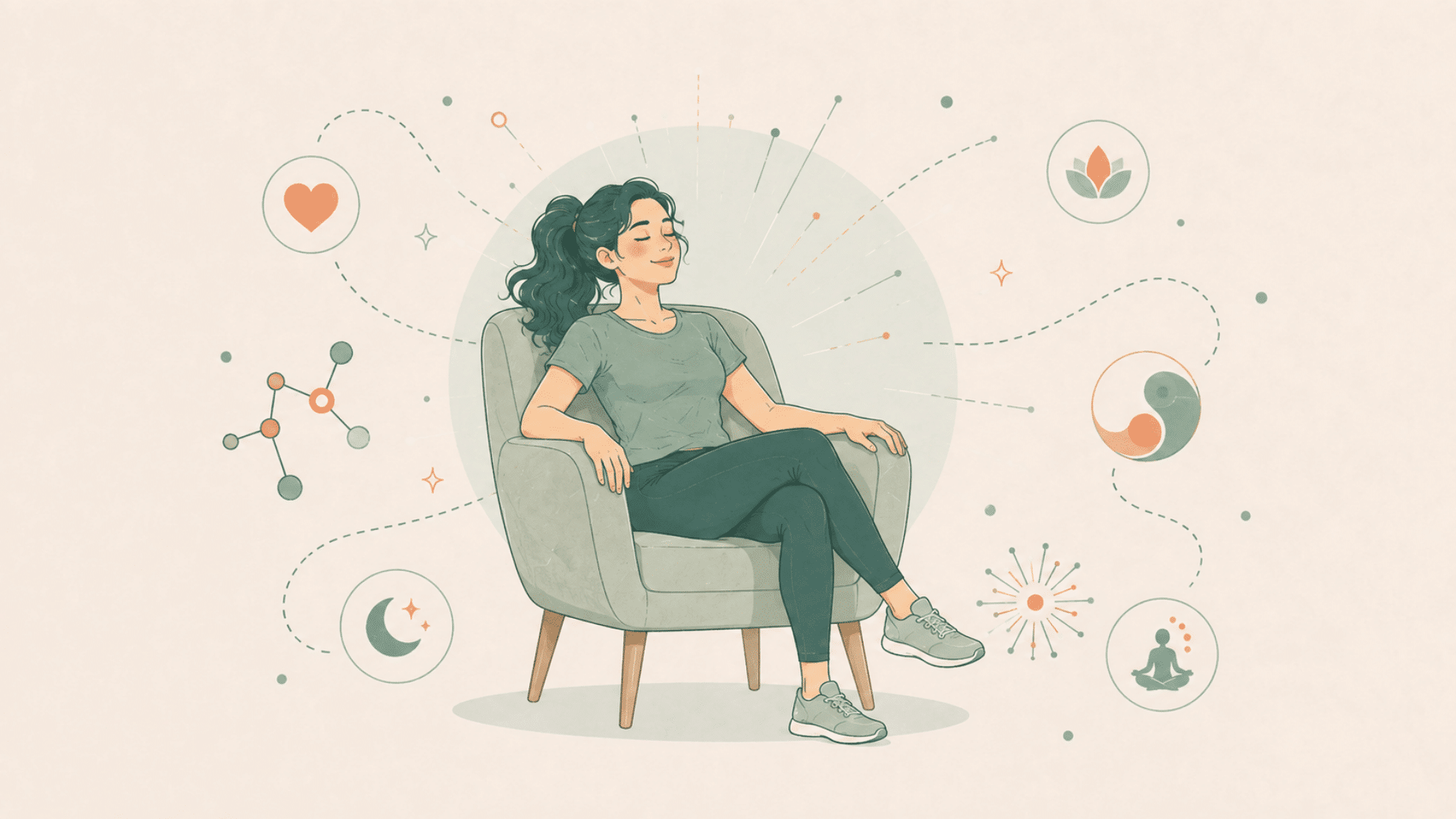 animated woman relaxing in an armchair with calming wellness symbols on a soft neutral background