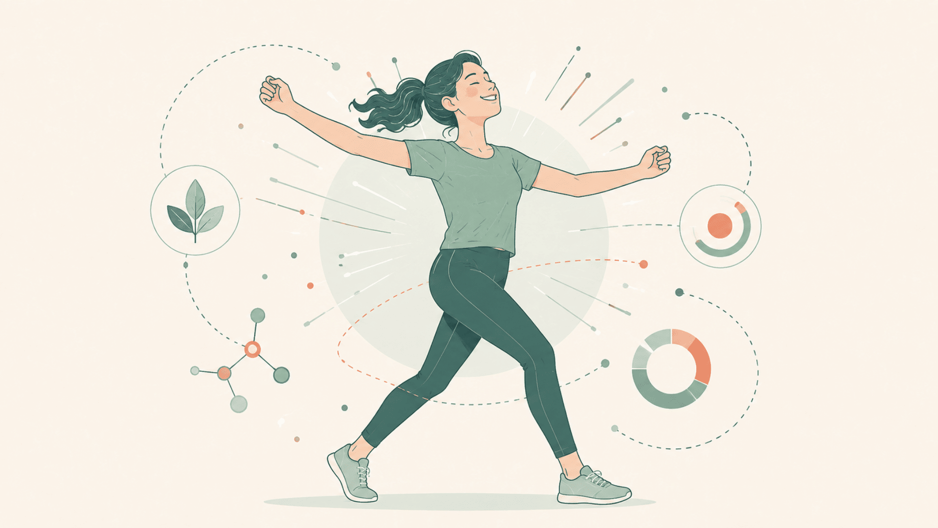 animated illustration of an energized woman with motion lines and wellness graphics on a soft neutral background