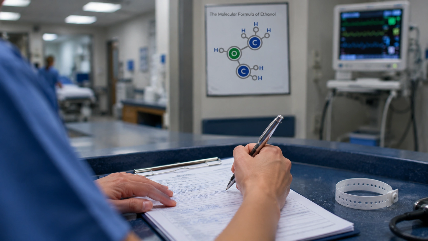 nurse documenting etoh positive result on hospital intake chart during patient admission