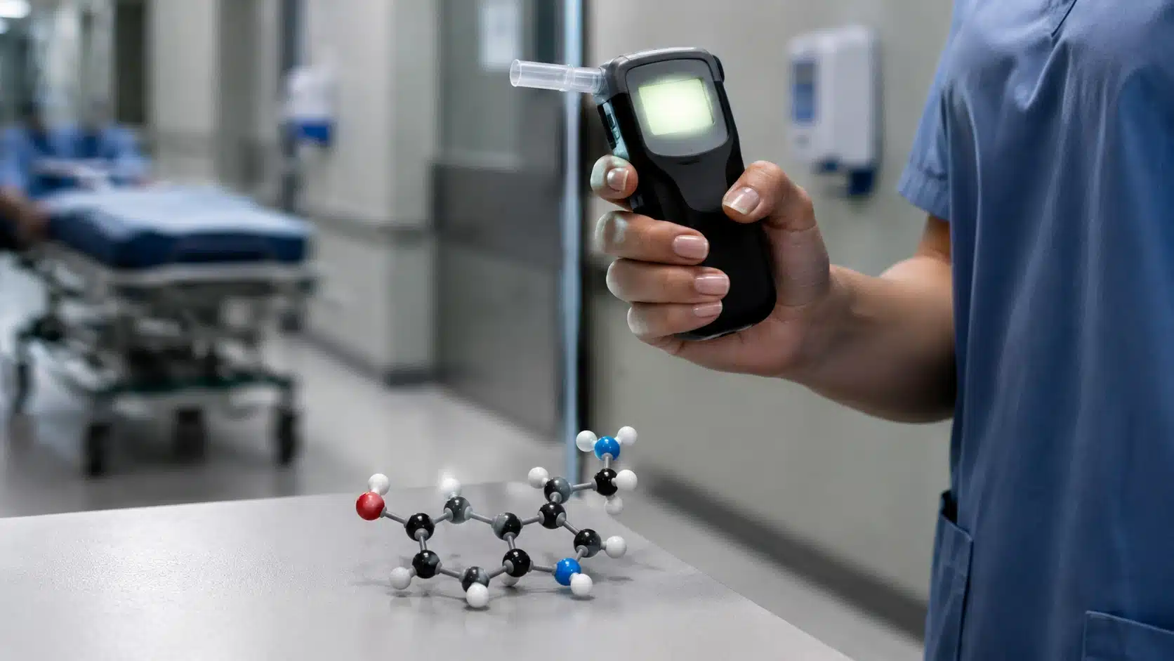nurse holding a breathalyzer device used to measure etoh levels in a hospital hallway