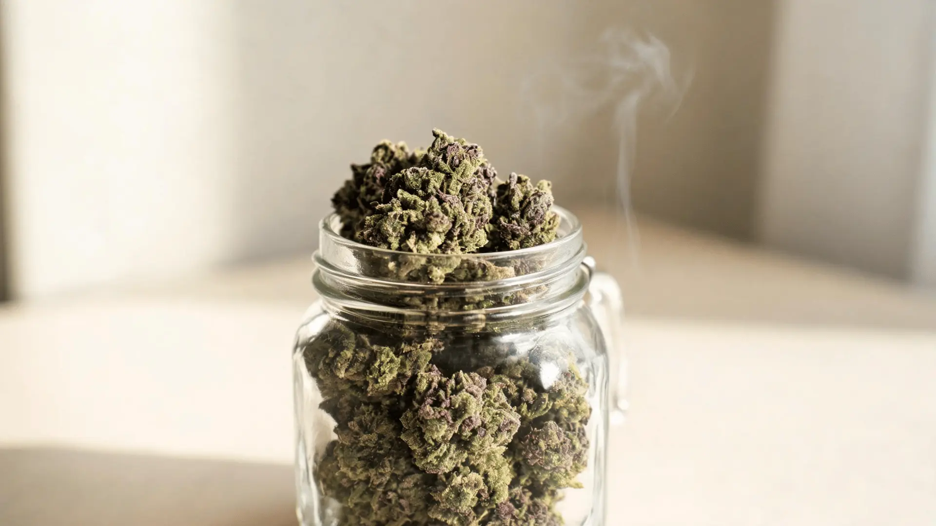 glass jar with frosty cannabis buds on a table in a calm indoor setting