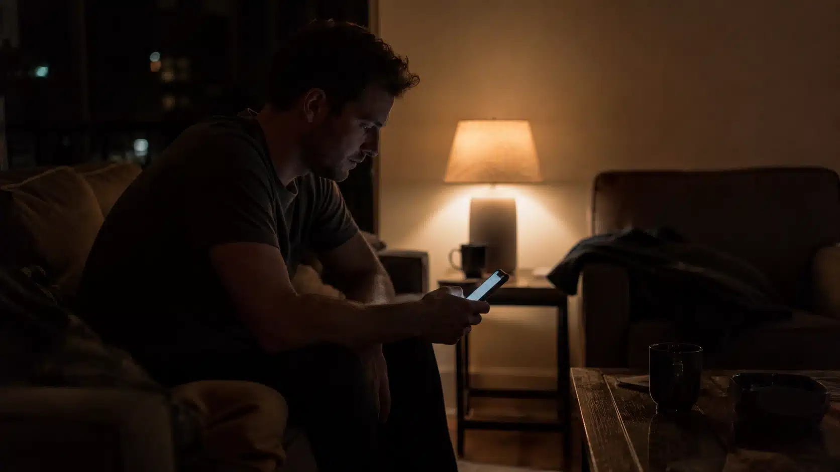 person sitting alone at night holding phone deciding to call for help with etoh addiction
