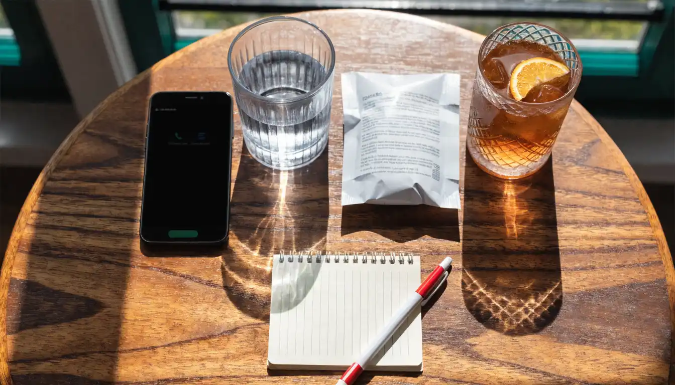 Alt Text: phone water medicine package and an unfinished alcoholic drink arranged for urgent advice