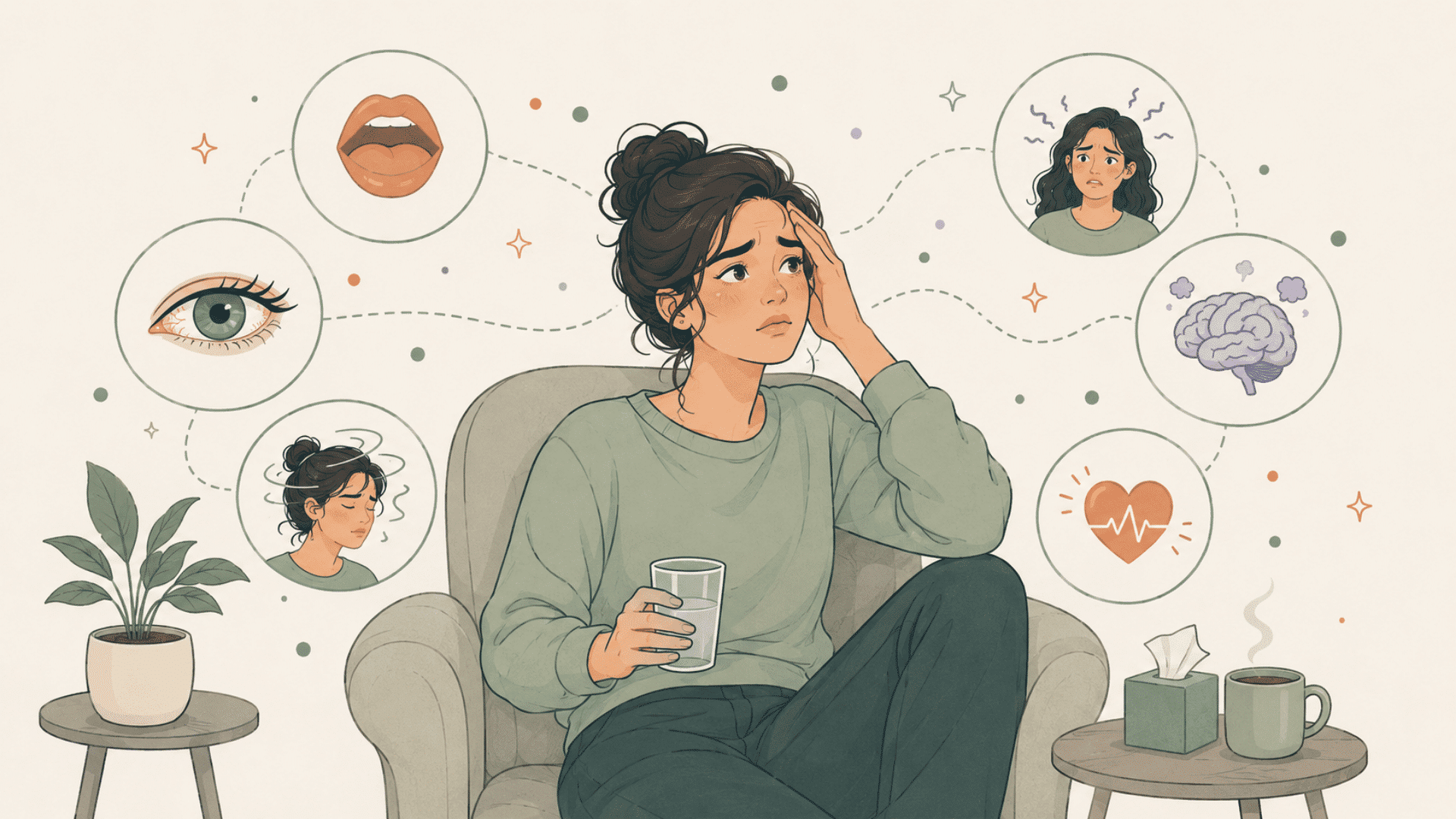 animated woman experiencing dry mouth irritated eyes dizziness anxiety racing thoughts and increased heart rate