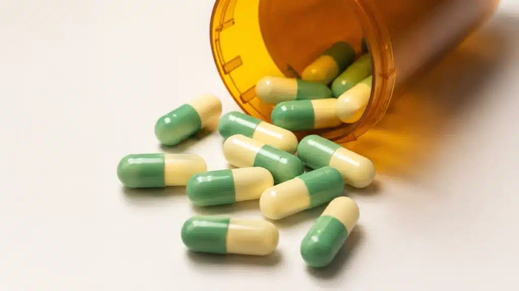 prozac capsules spilling from a bottle illustrating the prozac half life