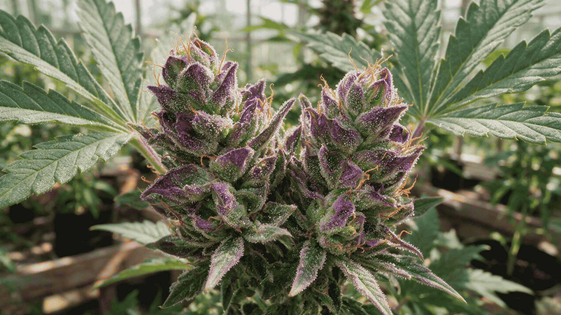 purplematic cbd cannabis buds with purple hues and dense trichomes