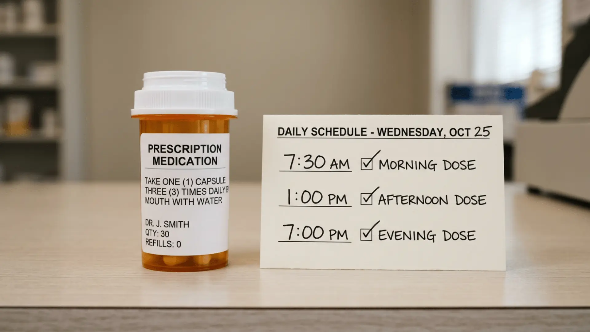 a smiling pharmacist handing a prescription bottle to a customer across a pharmacy counter with medication reminders visible
