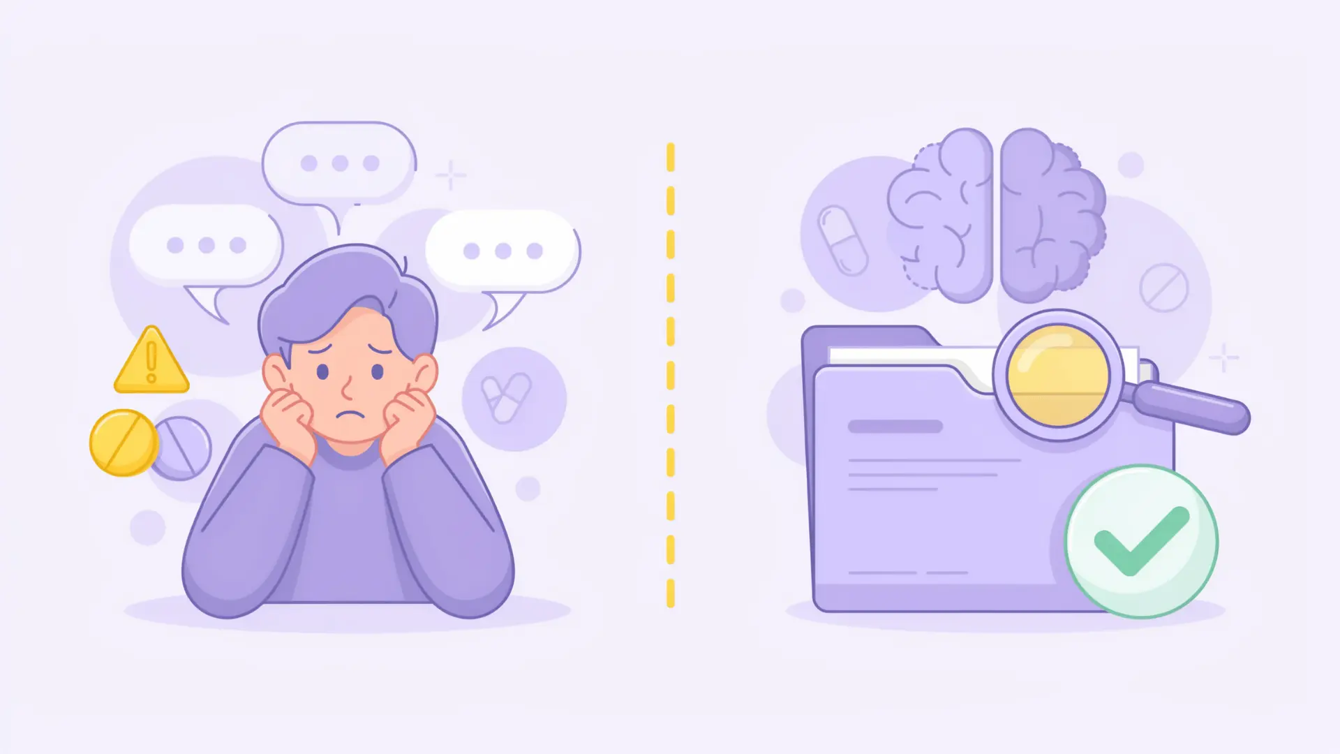 vector comparing online patient stories and medical evidence with pills and caution symbols