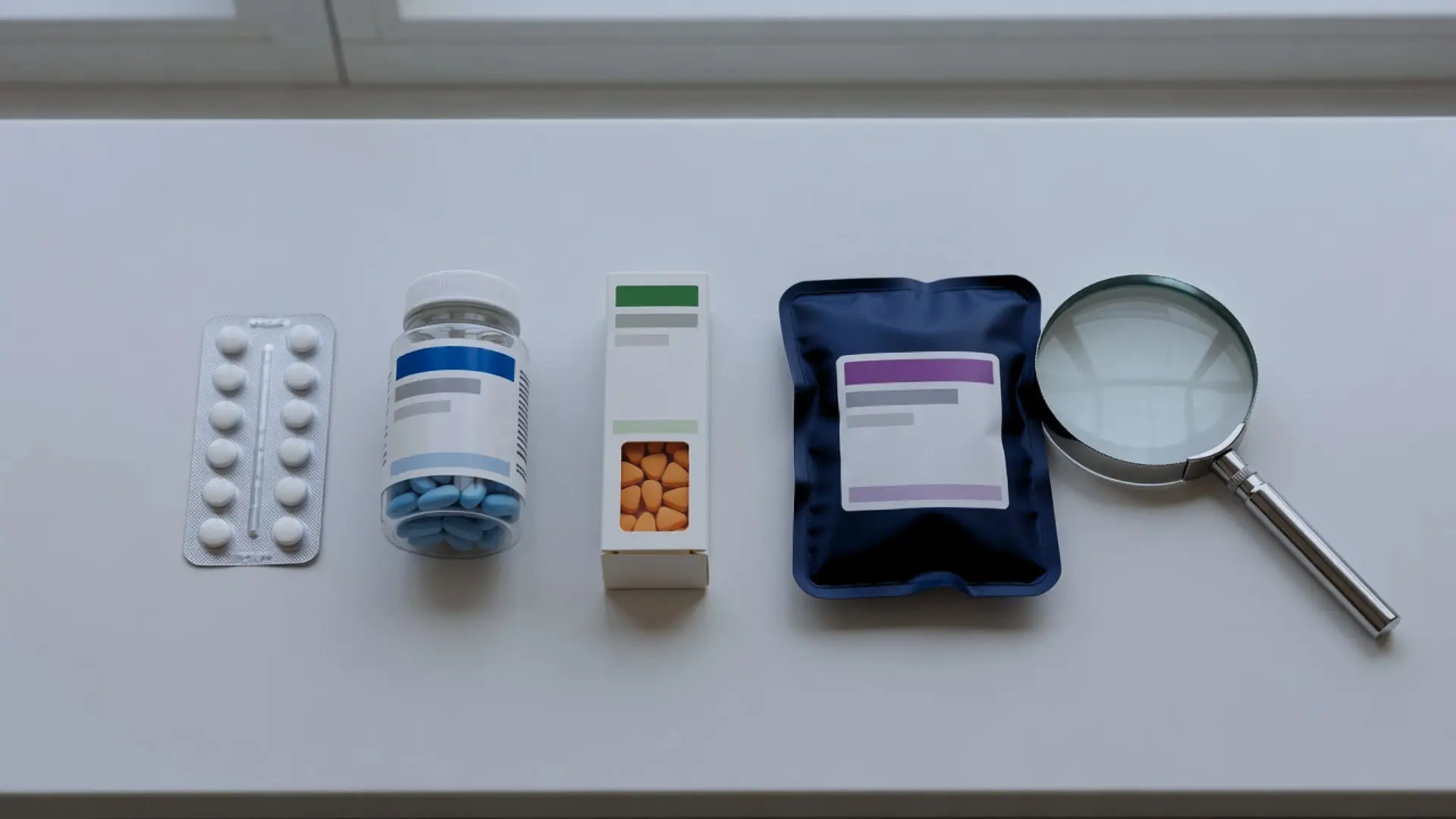 several cold medicine packages and tablets arranged for comparison beside a magnifying glass