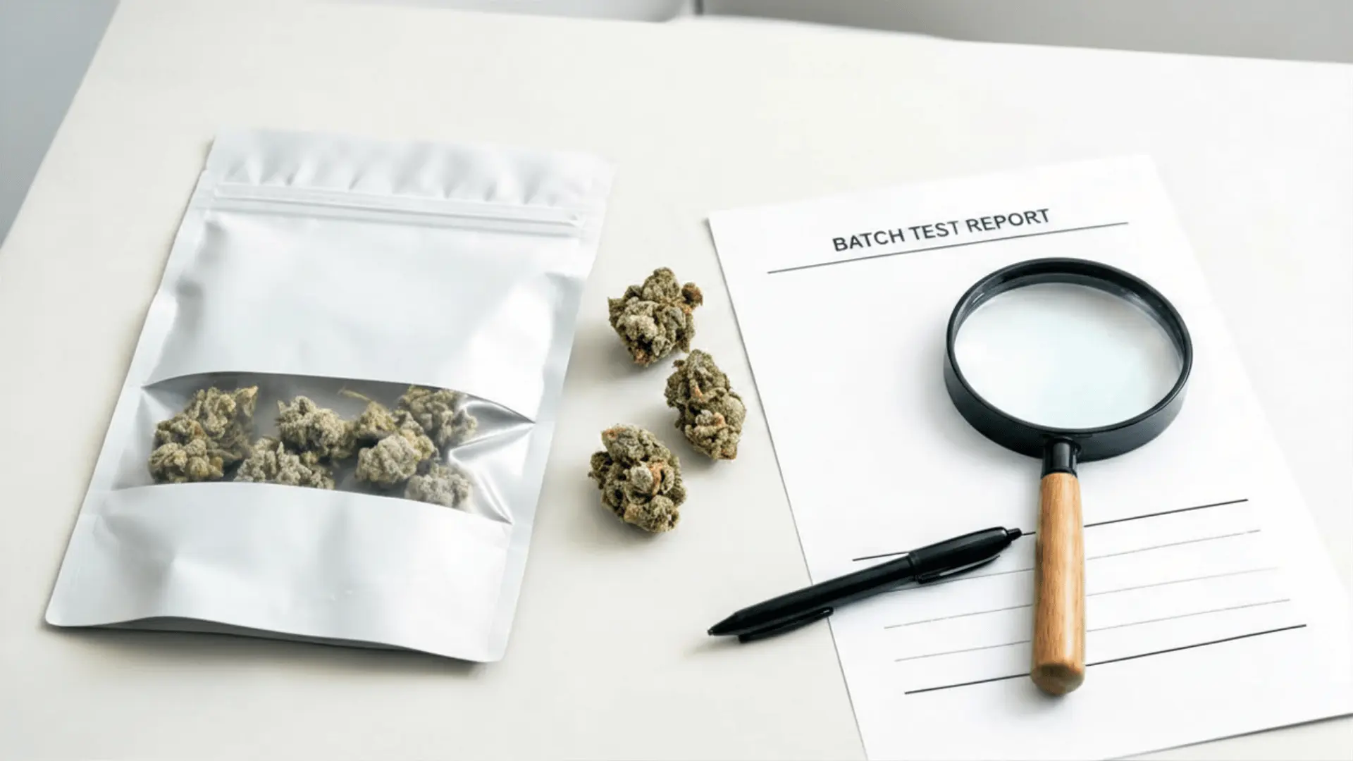 sealed cannabis package beside a lab report and magnifying glass on a desk