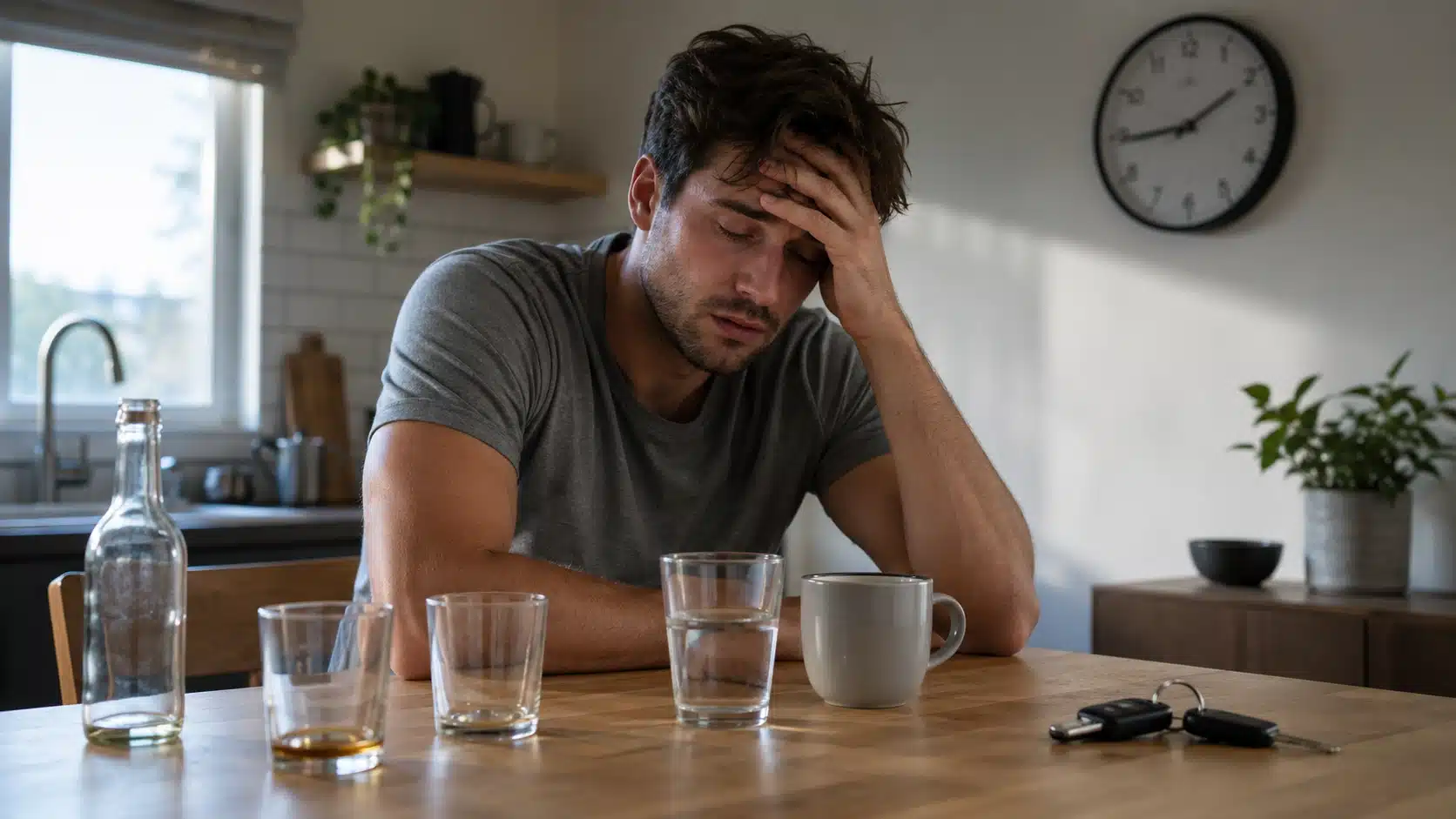 tired man sitting at kitchen table with empty alcohol glasses water coffee keys and morning clock behind him