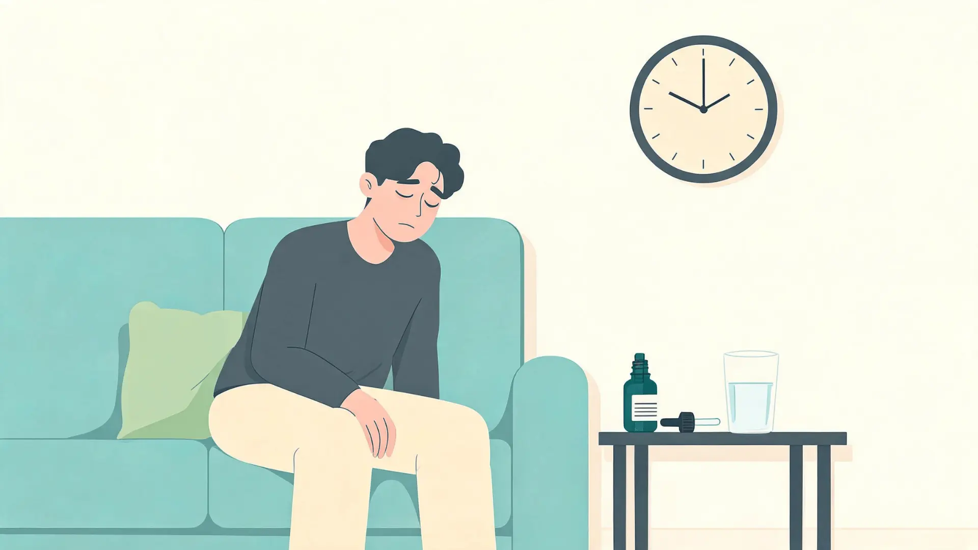person feeling sleepy after taking one serving of cbd oil in a calm home setting
