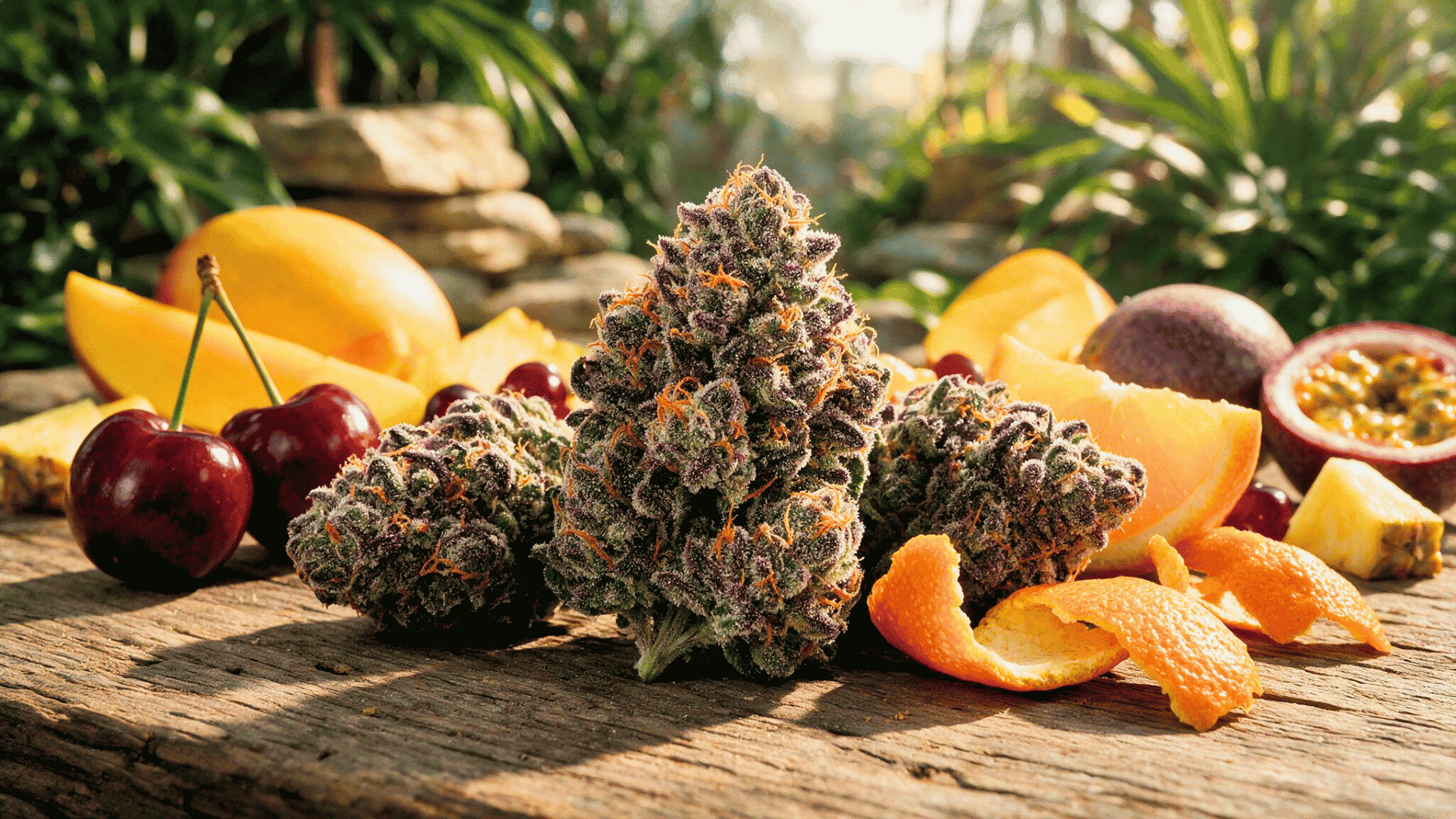 tropicana cherry strain cannabis buds with purple hues orange pistils and cherry citrus flavor profile